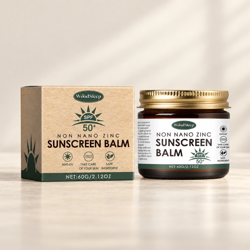 WoodSleep sunscreen balm jar with gold lid and kraft box