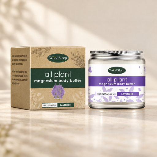 WoodSleep purple and white body butter jar and kraft box