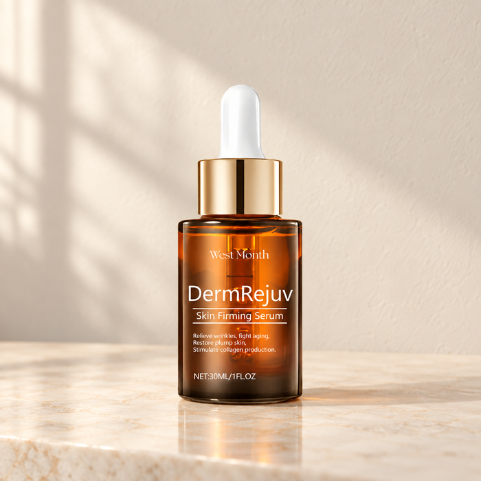 Amber West Month dropper bottle on ivory vanity
