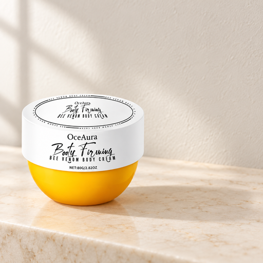 Yellow OceAura jar with white lid on ivory vanity