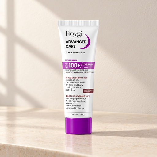 White and purple Hoygi tube on ivory vanity