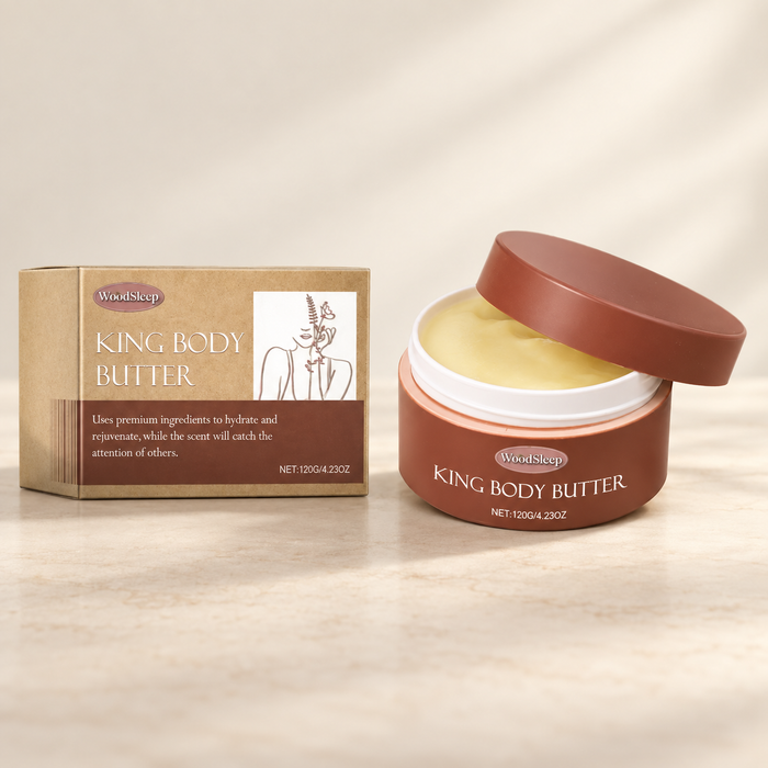 WoodSleep body butter jar with lid resting on rim beside kraft box