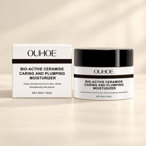 OUHOE white cream jar with black lid and matching box