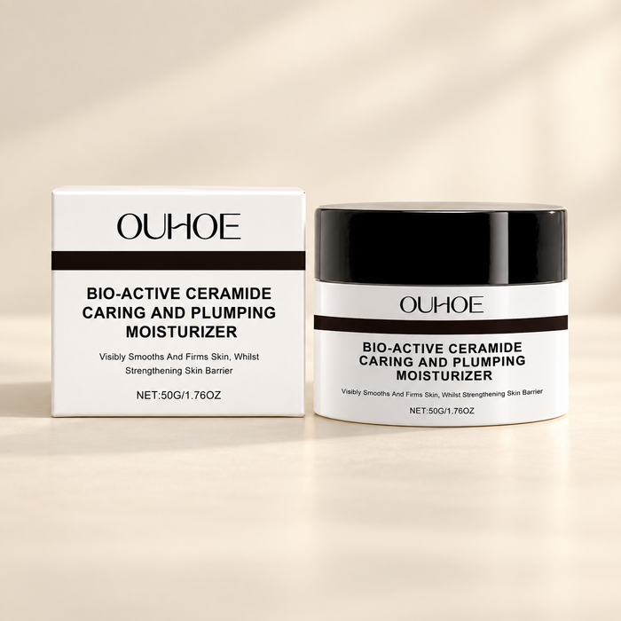 OUHOE white cream jar with black lid and matching box