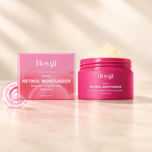 Pink Hoygi moisturizer jar and matching peach illustrated box