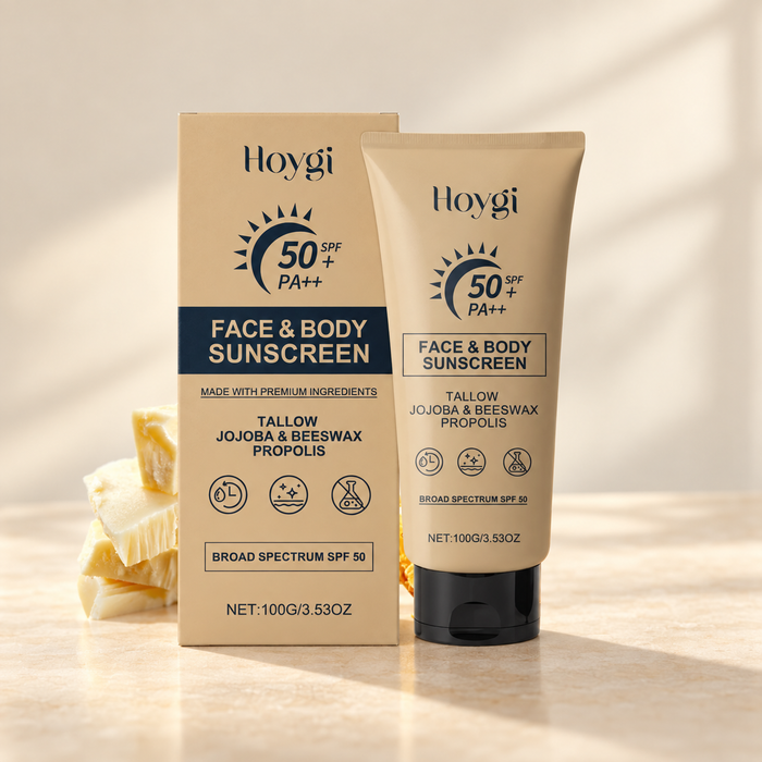 Tan Hoygi sunscreen tube and box on ivory tabletop