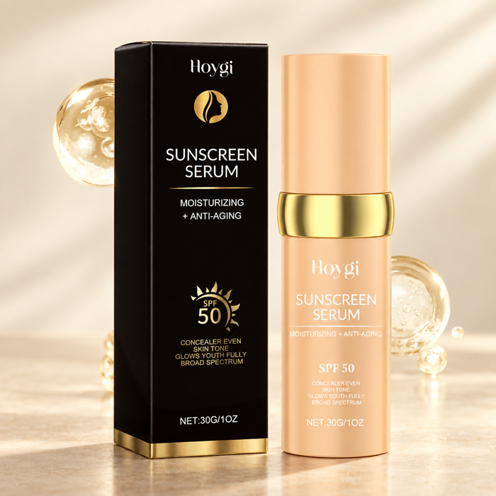 Hoygi peach serum bottle with gold collar and black box
