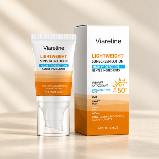 Viareline orange and white sunscreen tube with transparent cap and box