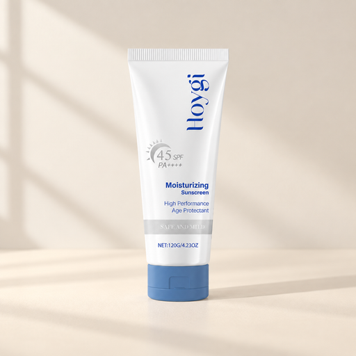 White sunscreen tube with blue lettering and cap on an ivory surface.