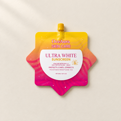 Yellow and pink sunscreen pouch lying flat on an ivory surface.