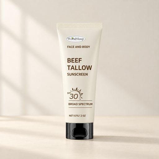 Ivory sunscreen tube with a black cap on an ivory surface.