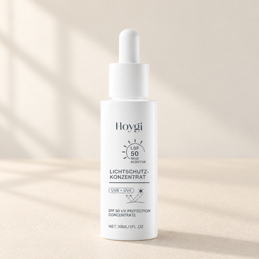 White dropper bottle with grey lettering on an ivory surface.