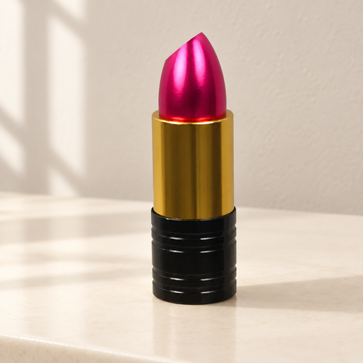Metallic magenta lipstick-shaped USB drive on ivory vanity