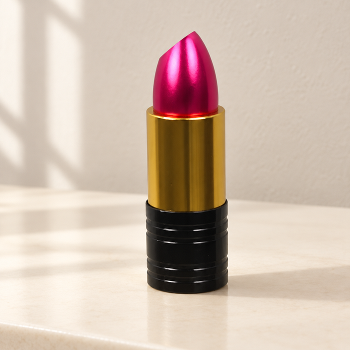 Metallic magenta lipstick-shaped USB drive on ivory vanity
