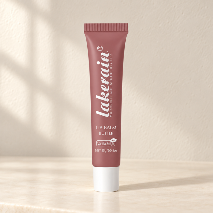 Mauve lakerain lip balm tube with white cap on ivory vanity