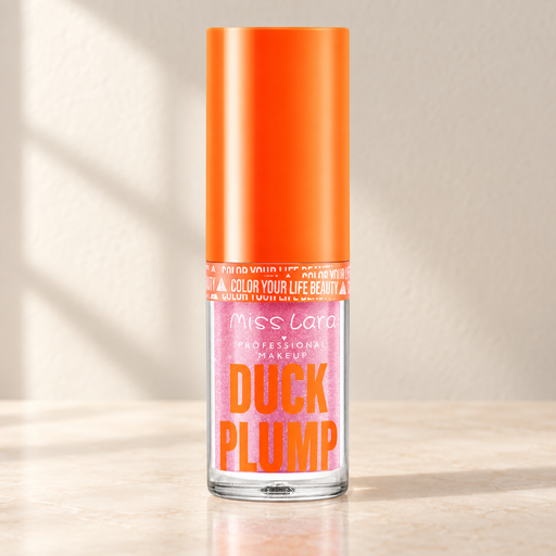 Pink glitter Miss Lara gloss bottle with orange cap on ivory vanity