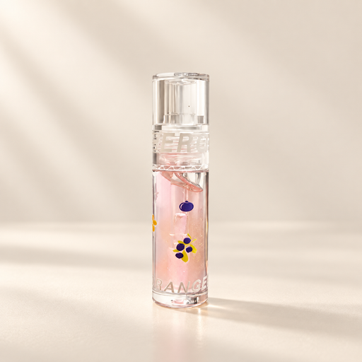 Clear pink lip gloss tube with purple fruit motifs