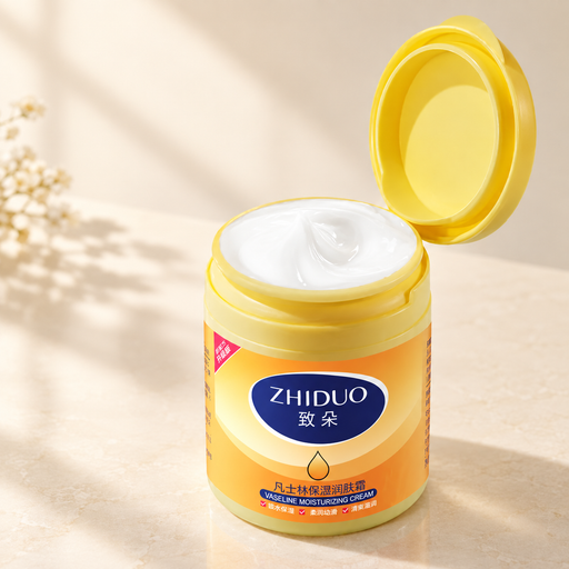 Yellow ZHIDUO moisturizing cream tub with open hinged lid