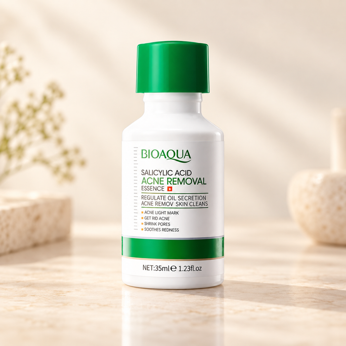 BIOAQUA white bottle with green cap on ivory tabletop