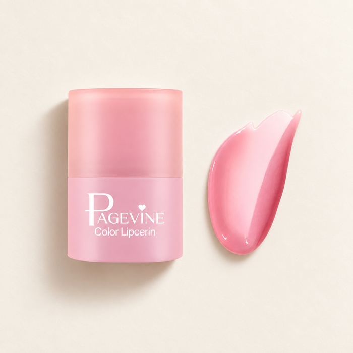Pink PAGEVINE lip gloss package with pink swatch on ivory surface