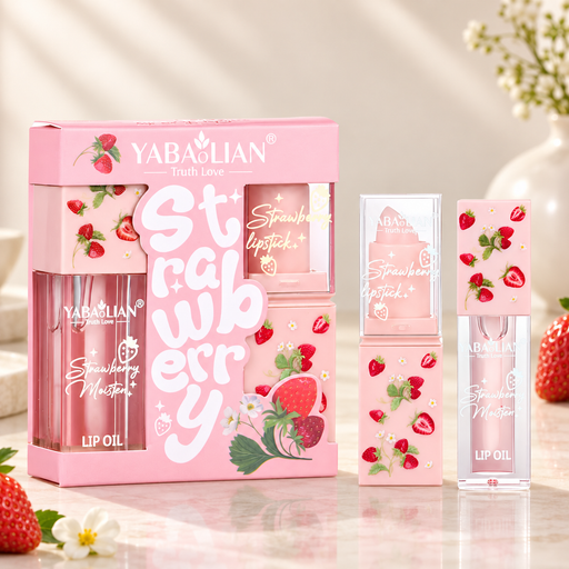 Pink strawberry lipstick and lip oil set with matching box