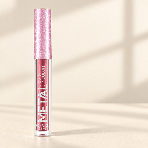 Metallic pink lip colour bottle with a textured pink cap on an ivory surface.