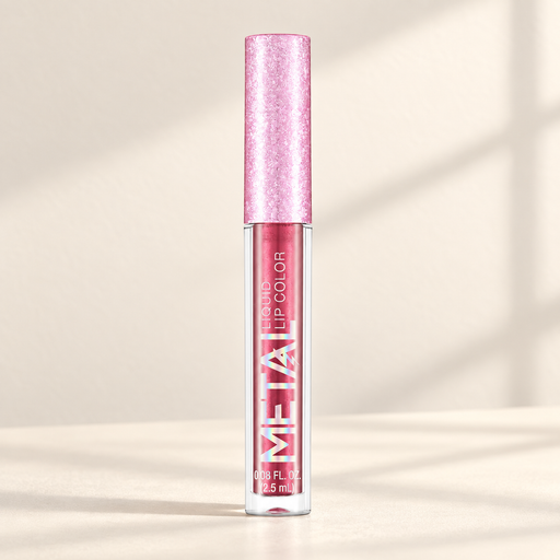 Metallic pink lip colour bottle with a textured pink cap on an ivory surface.