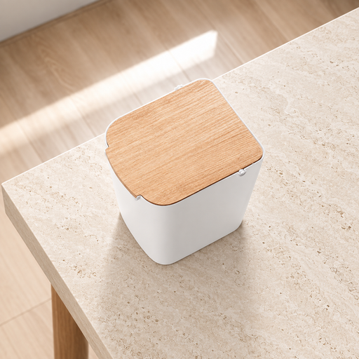 White bin with a wooden swing lid on a pale stone surface.