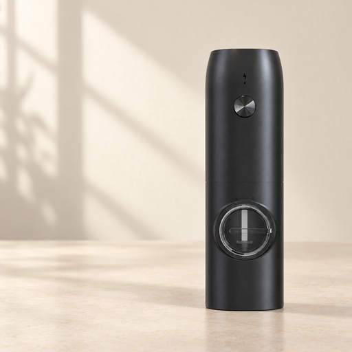 Black electric grinder with a clear circular window on an ivory surface.