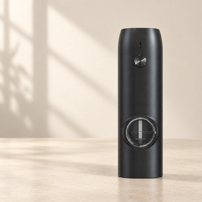 Black electric grinder with a clear circular window on an ivory surface.