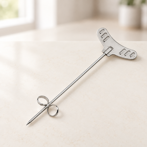 Stainless steel spiral cutter with a curved handle and two cutting loops.