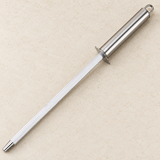 Silver honing rod lying diagonally on an ivory surface.