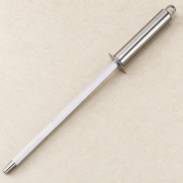 Silver honing rod lying diagonally on an ivory surface.