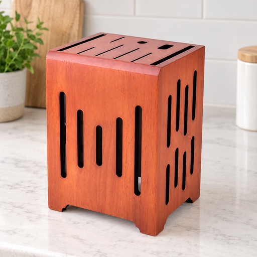 Empty wood-grain knife holder on a kitchen worktop.