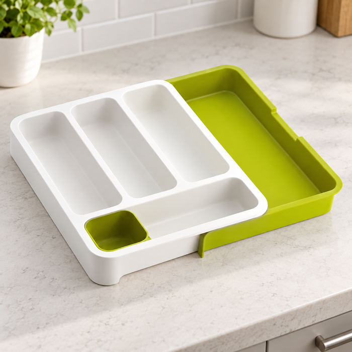 White and green cutlery organiser on a kitchen worktop.