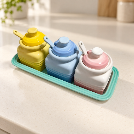 Three pastel ceramic seasoning jars with spoons on a turquoise tray.