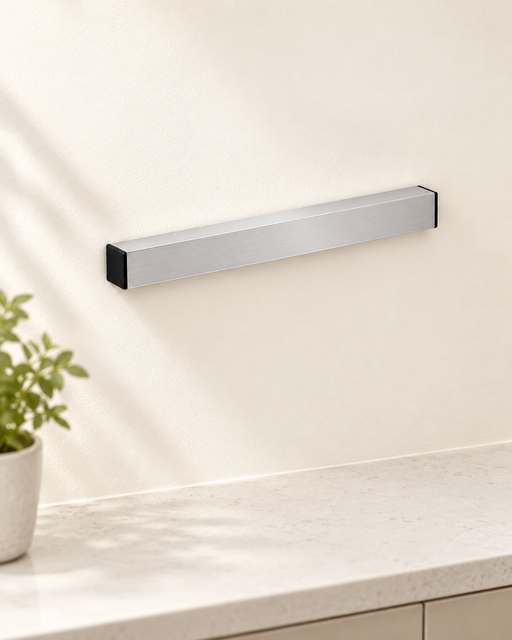 Silver knife holder with black end caps on an ivory kitchen wall.