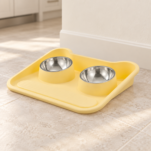 Yellow pet feeding tray with two silver bowls on a light kitchen floor.