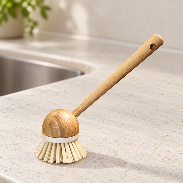 Bamboo-handled kitchen brush with pale bristles beside a sink on a light countertop.