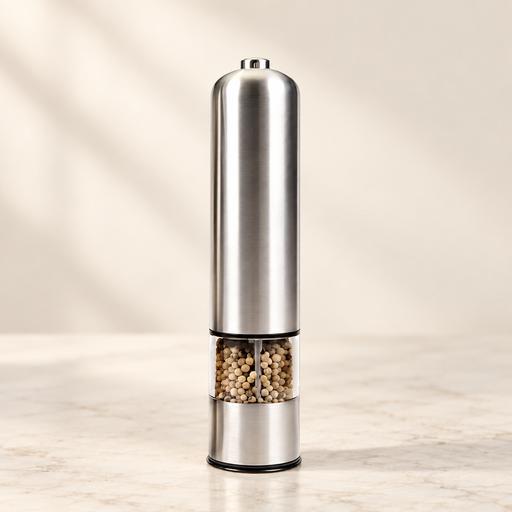 Domed stainless steel pepper grinder on ivory counter