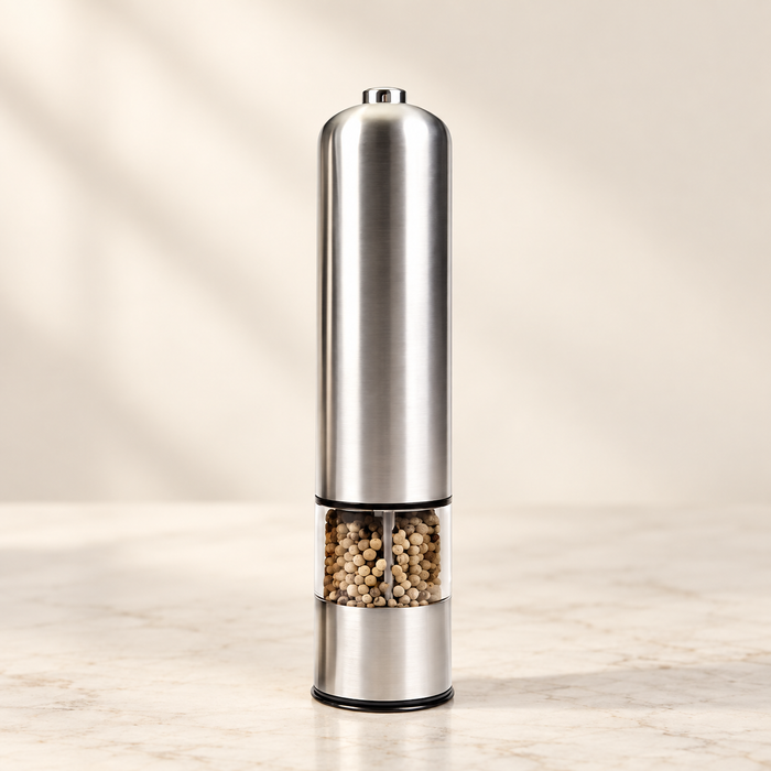 Domed stainless steel pepper grinder on ivory counter
