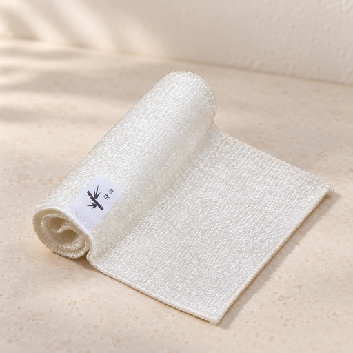 Cream dish cloth partially rolled on ivory kitchen surface