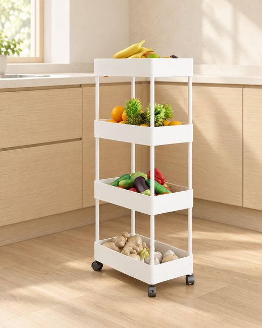 White four-tier rolling storage shelf with fruit and vegetables in a light wood kitchen.