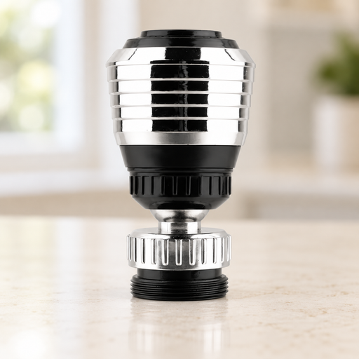 Chrome and black faucet aerator standing on an ivory countertop.
