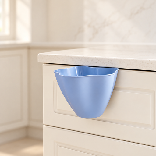 Blue cabinet bin attached to ivory kitchen cabinet