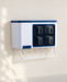White and navy four-bin seasoning organizer on an ivory kitchen wall.