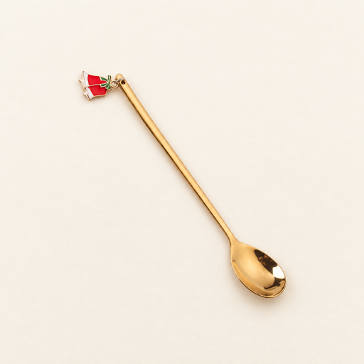 Gold dessert spoon with red bell charm