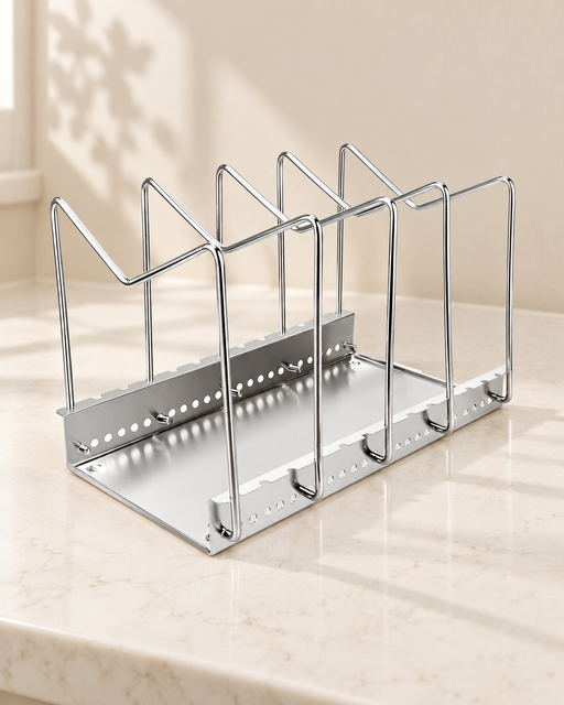 Silver pot and pan organizer rack on an ivory kitchen counter.
