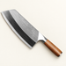 Kitchen knife with patterned blade and brown handle on ivory surface
