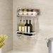 Two-tier wall-mounted shelf shown in use with jars and bottles in a kitchen